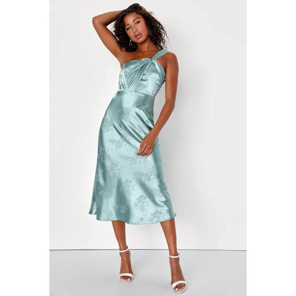 Lulus Adored Arrival Sage Blue Floral Satin One-shoulder Midi Dress - Size S
